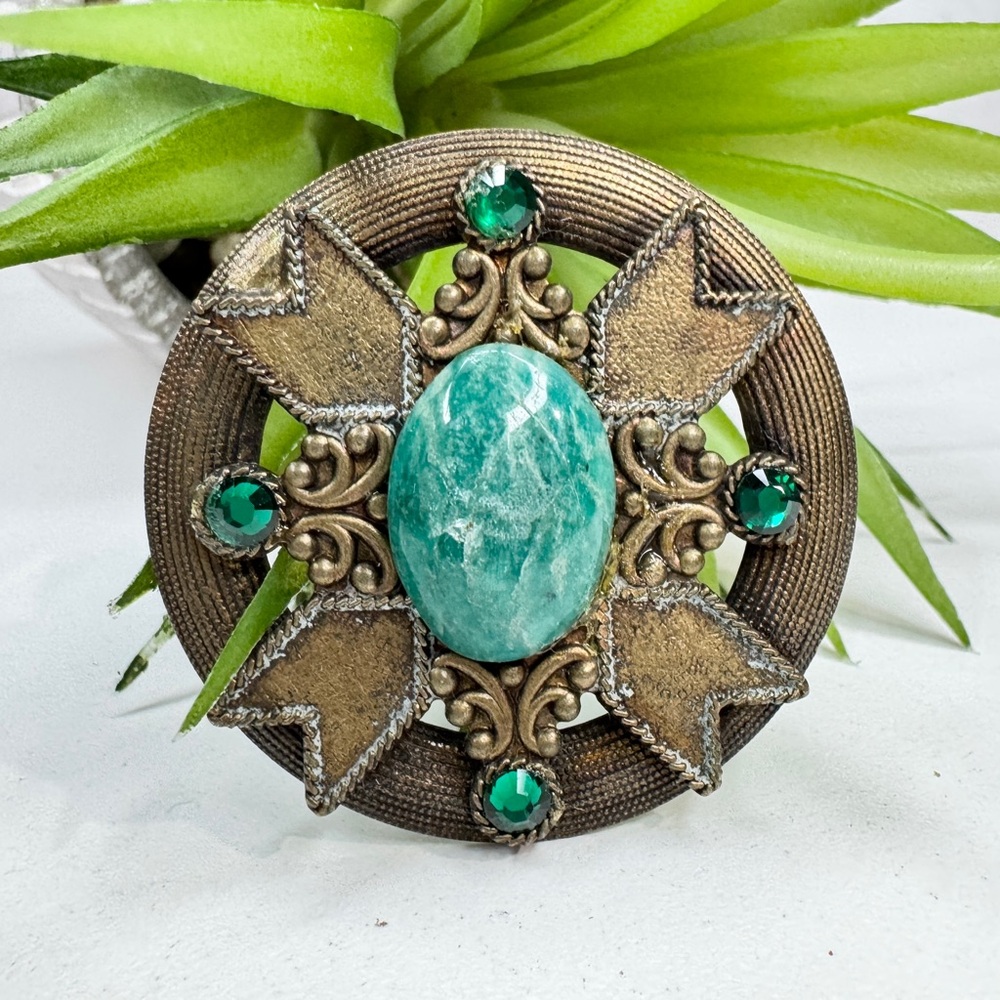 Vintage 70s Celtic Amazonite Stone Green Rhinestone Bronze Tone Regal Brooch Pin